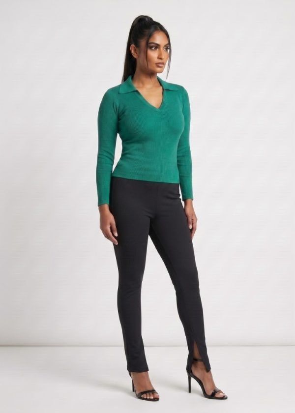 CVD006_Aventurine01 Seamless Rib Polo Long Sleeve Top