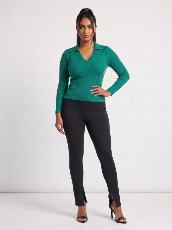 CVD006_Aventurine02 Seamless Rib Polo Long Sleeve Top