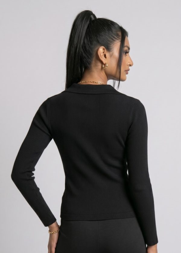 CVD006_Black01 Seamless Rib Polo Long Sleeve Top