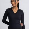 CVD006_Black02 Seamless Rib Polo Long Sleeve Top