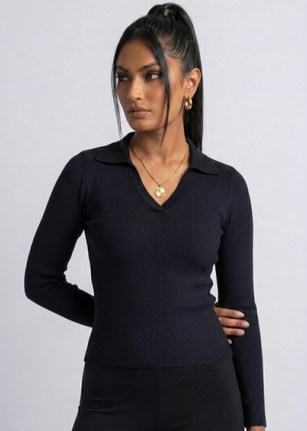 CVD006_Black02 Seamless Rib Polo Long Sleeve Top