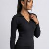 CVD006_Black03 Seamless Rib Polo Long Sleeve Top