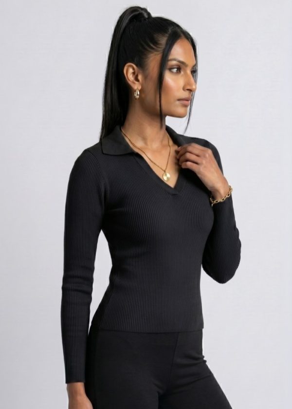 CVD006_Black03 Seamless Rib Polo Long Sleeve Top