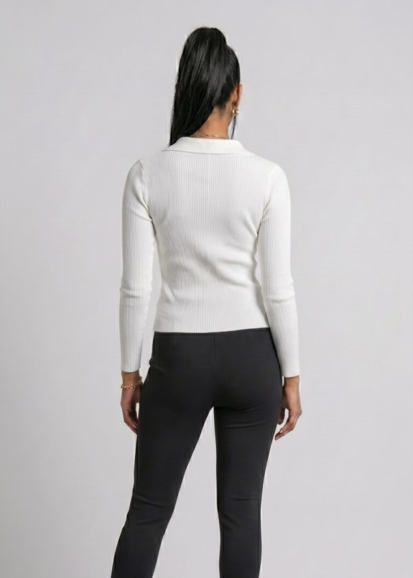CVD006_White01 Seamless Rib Polo Long Sleeve Top