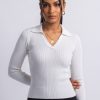 CVD006_White02 Seamless Rib Polo Long Sleeve Top