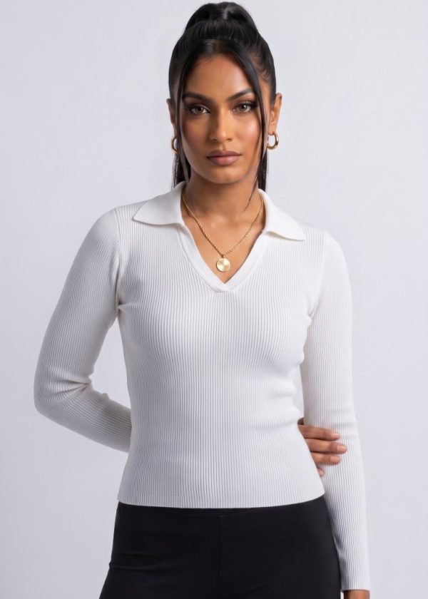 CVD006_White02 Seamless Rib Polo Long Sleeve Top