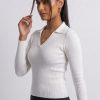 CVD006_White03 Seamless Rib Polo Long Sleeve Top