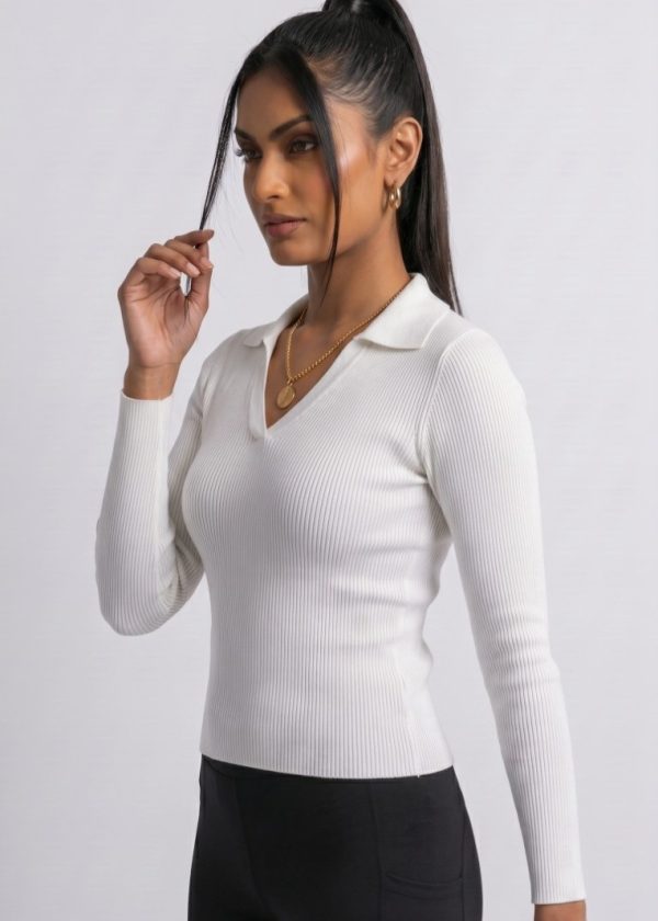 CVD006_White03 Seamless Rib Polo Long Sleeve Top